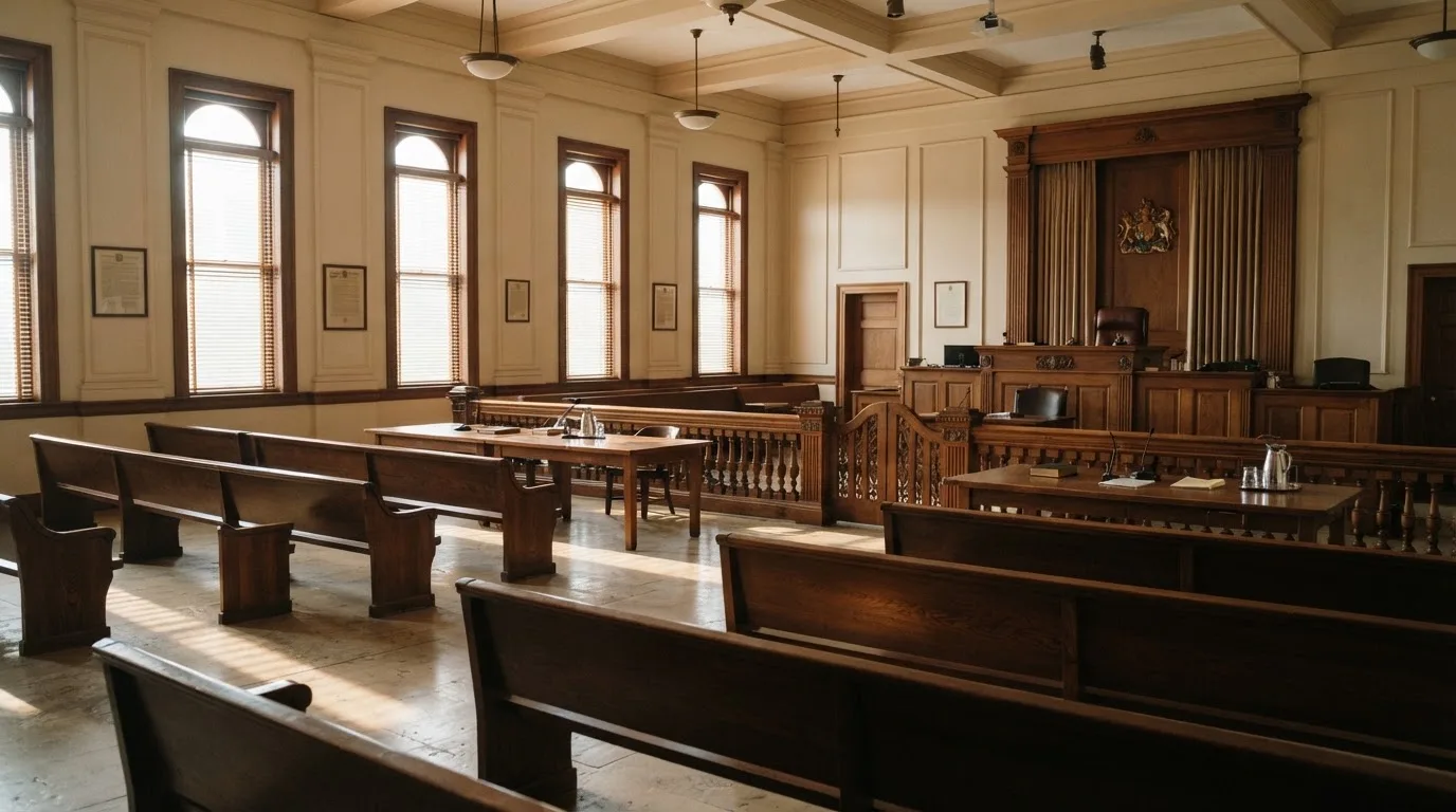 Een lege rechtszaal met houten banken in het ochtendlicht