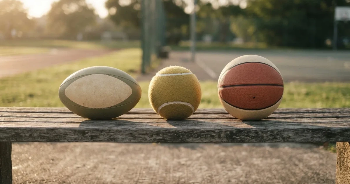 Drie ballen van verschillende soorten naast elkaar op een houten bank