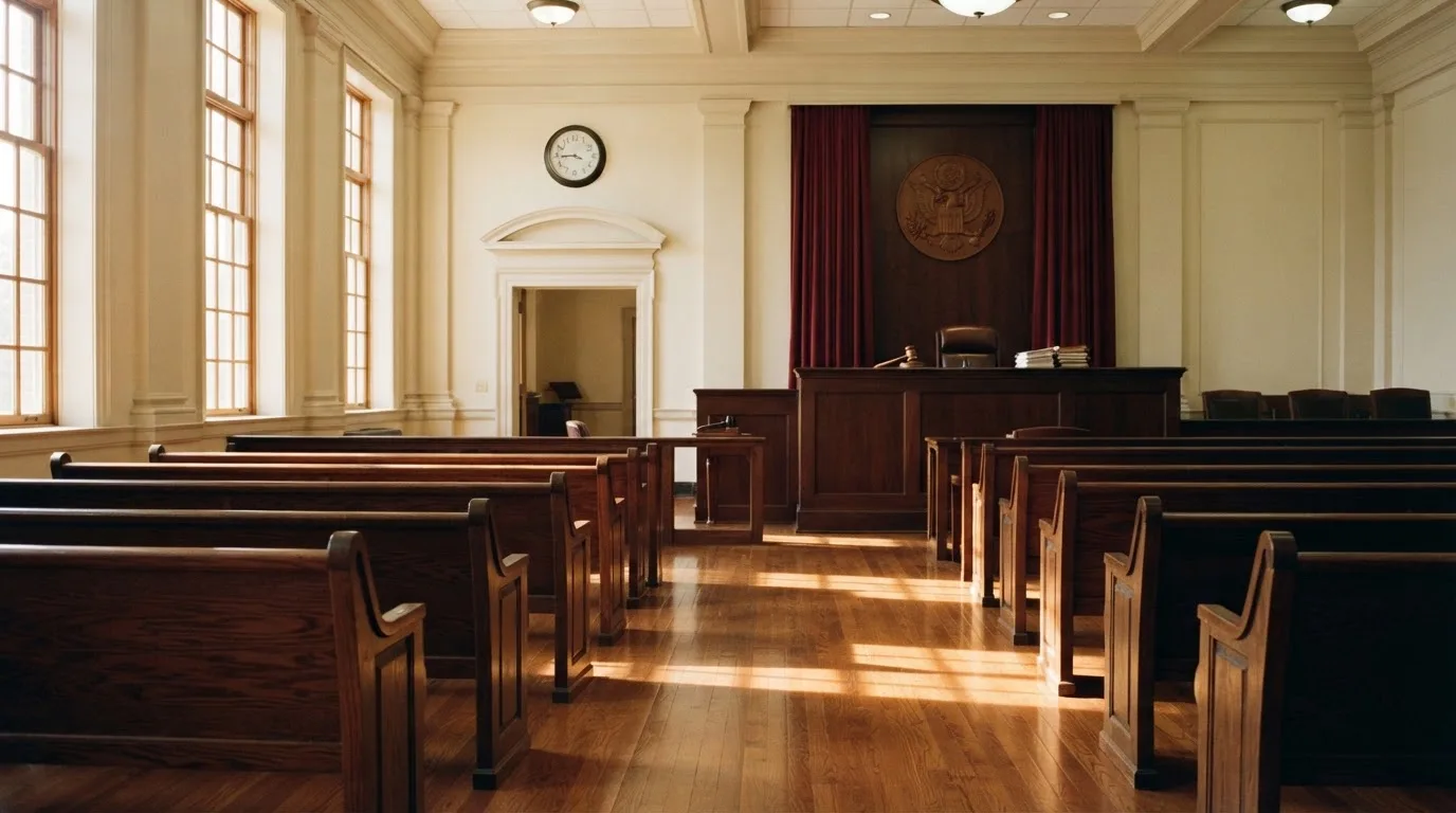 Een lege rechtszaal met houten banken in het ochtendlicht