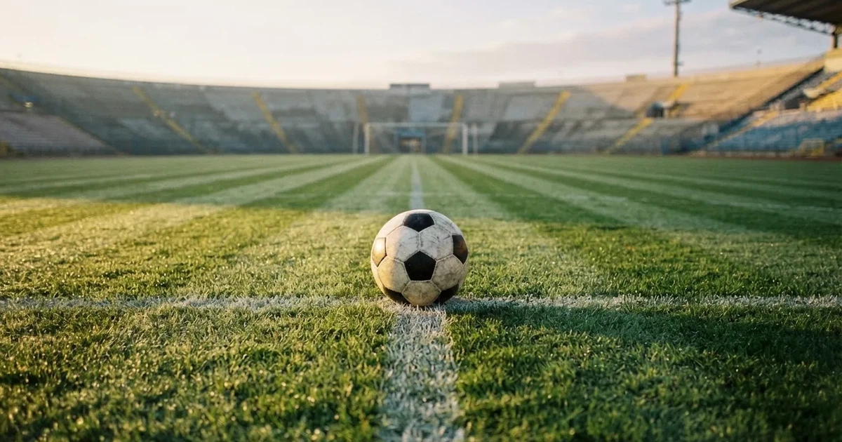 Een voetbal op de middenstip van een grasveld in het ochtendlicht