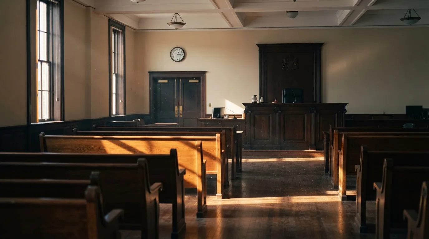 Een lege rechtszaal met houten banken in het ochtendlicht