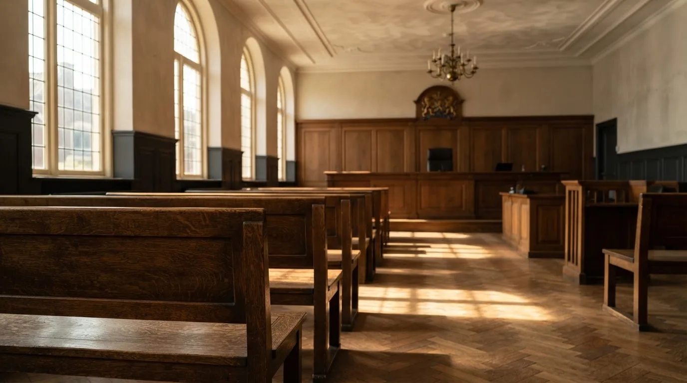 Een lege rechtszaal met houten banken in het ochtendlicht