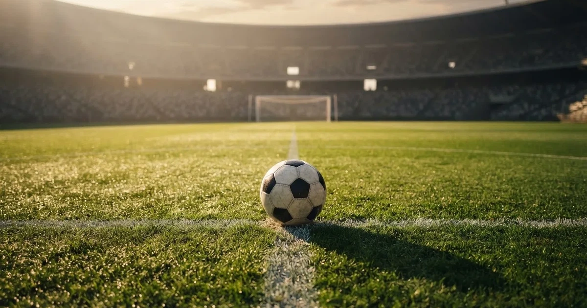 Een voetbal op de middenstip van een grasveld in het ochtendlicht