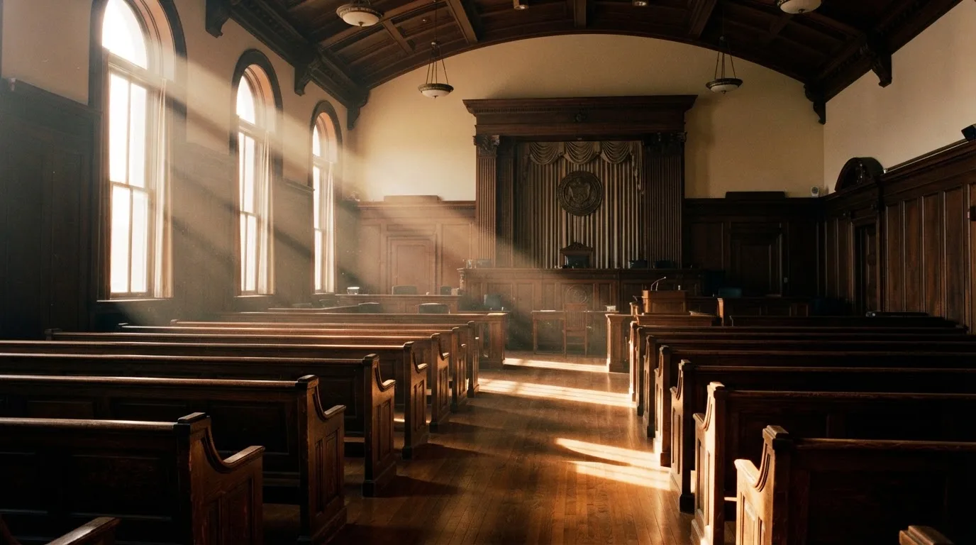 Een lege rechtszaal met houten banken in het ochtendlicht