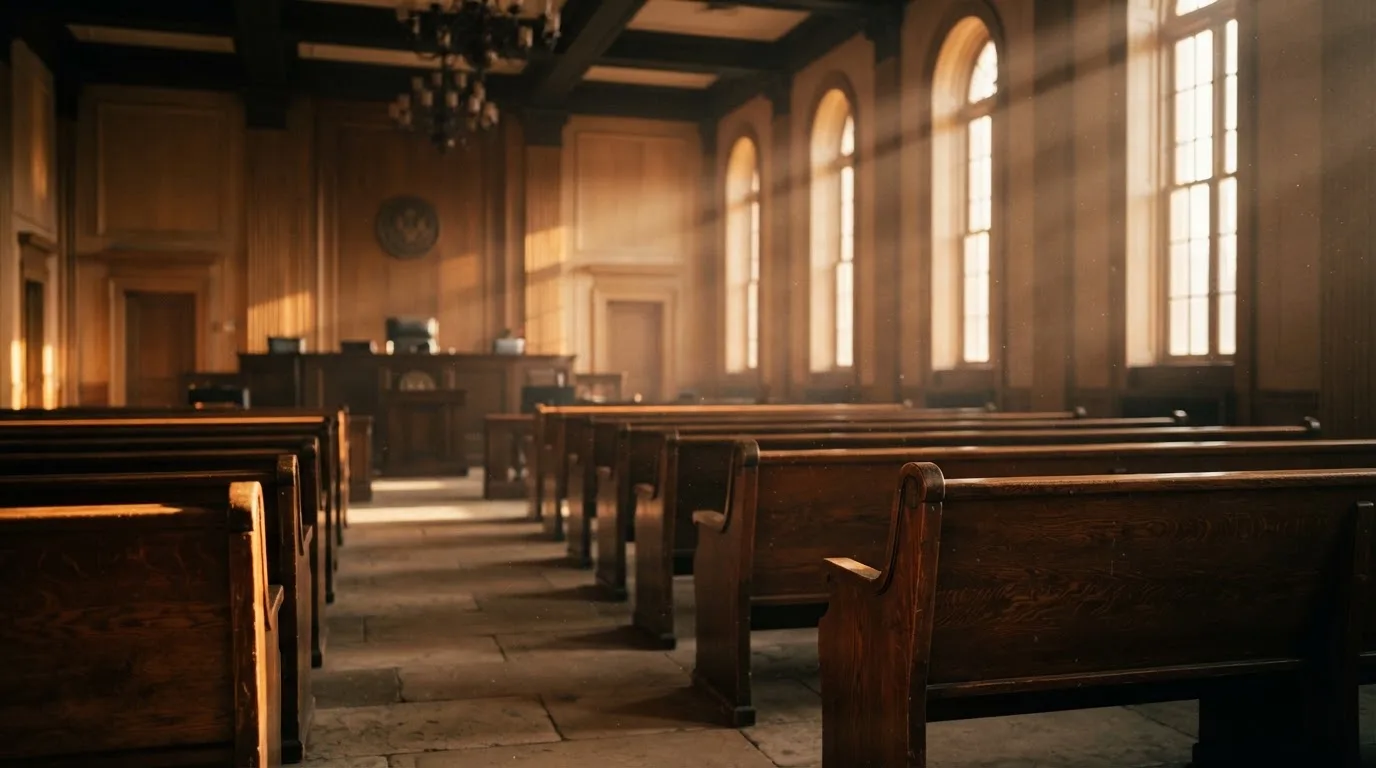 Een lege rechtszaal met houten banken in het ochtendlicht