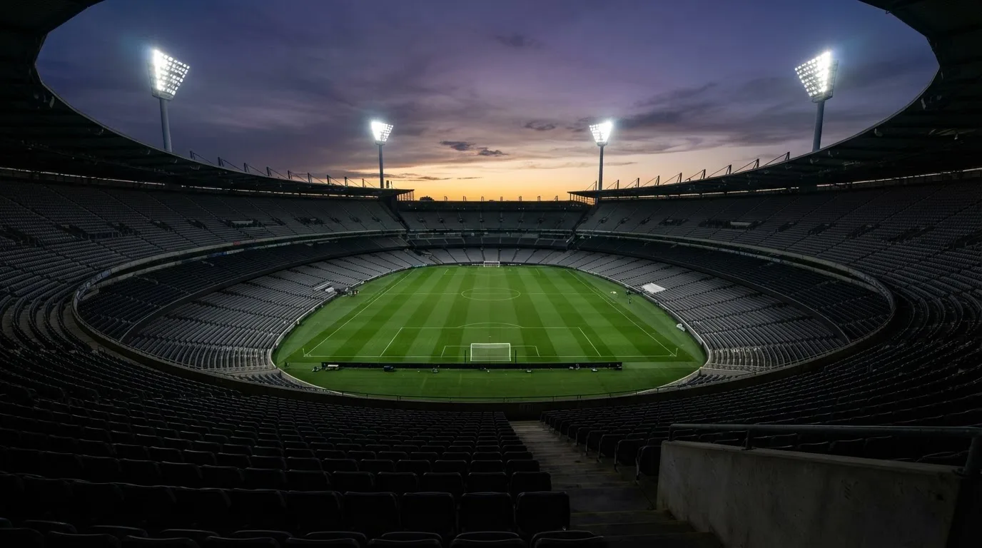Een leeg voetbalstadion met lichtmasten bij schemering