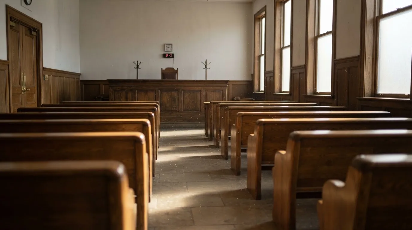 Een lege rechtszaal met houten banken in het ochtendlicht