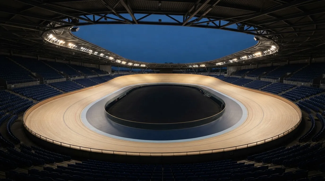 Een leeg voetbalstadion met lichtmasten bij schemering