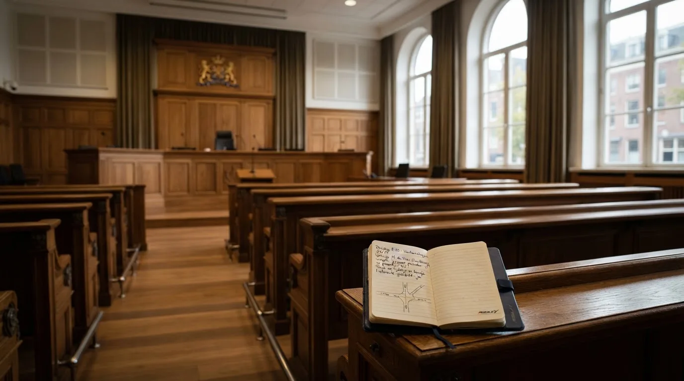 Een lege rechtszaal met houten banken in het ochtendlicht