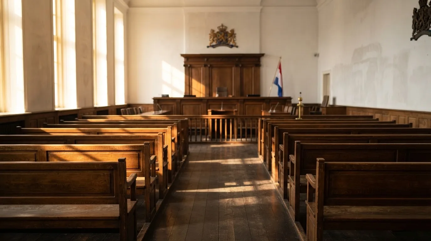 Een lege rechtszaal met houten banken in het ochtendlicht