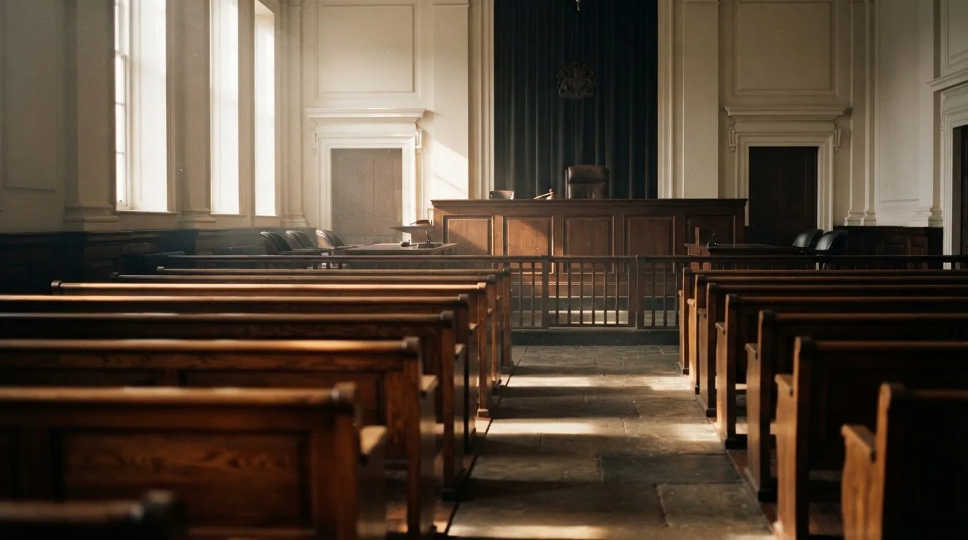 Een lege rechtszaal met houten banken in het ochtendlicht
