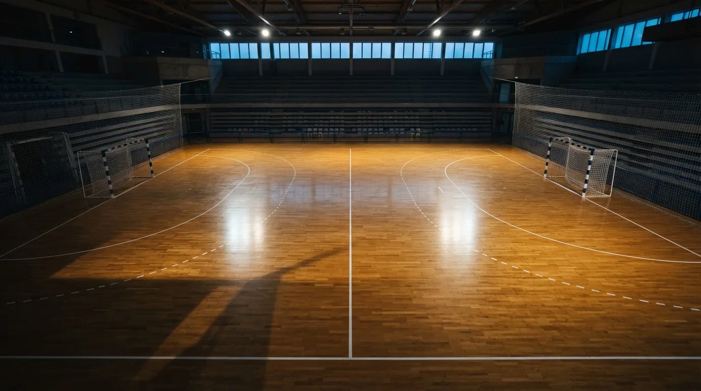 Een leeg voetbalstadion met lichtmasten bij schemering