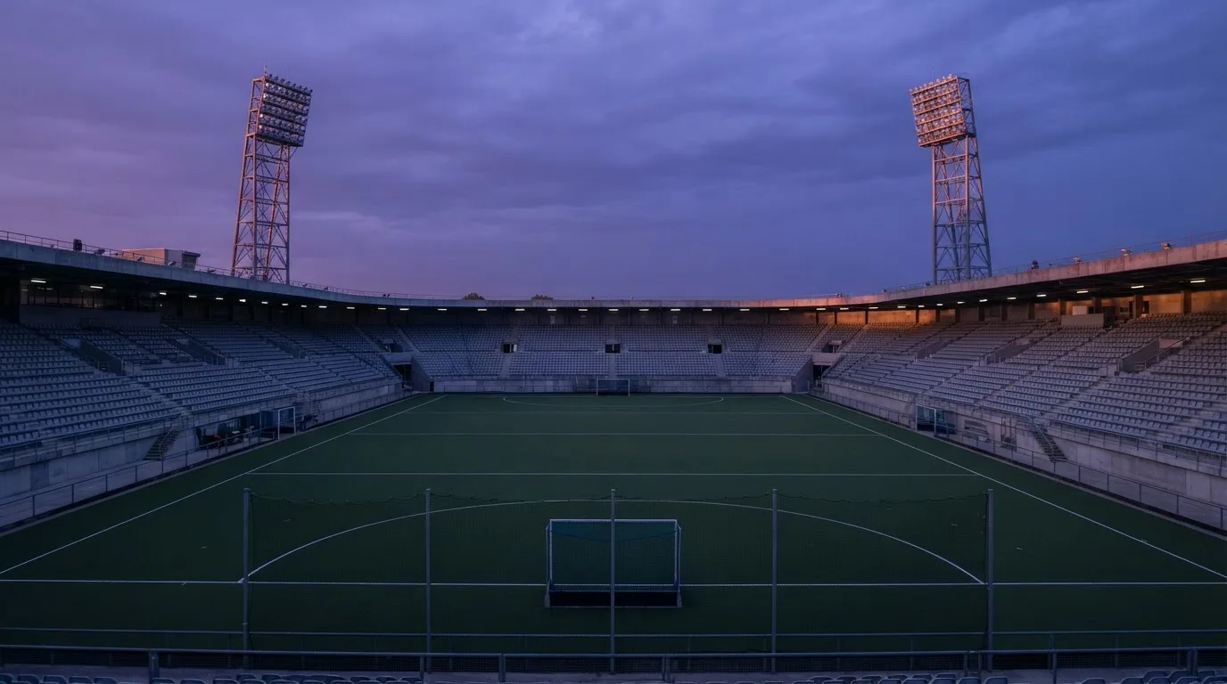 Een leeg voetbalstadion met lichtmasten bij schemering