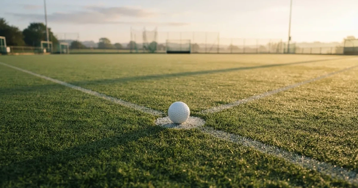 Een voetbal op de middenstip van een grasveld in het ochtendlicht