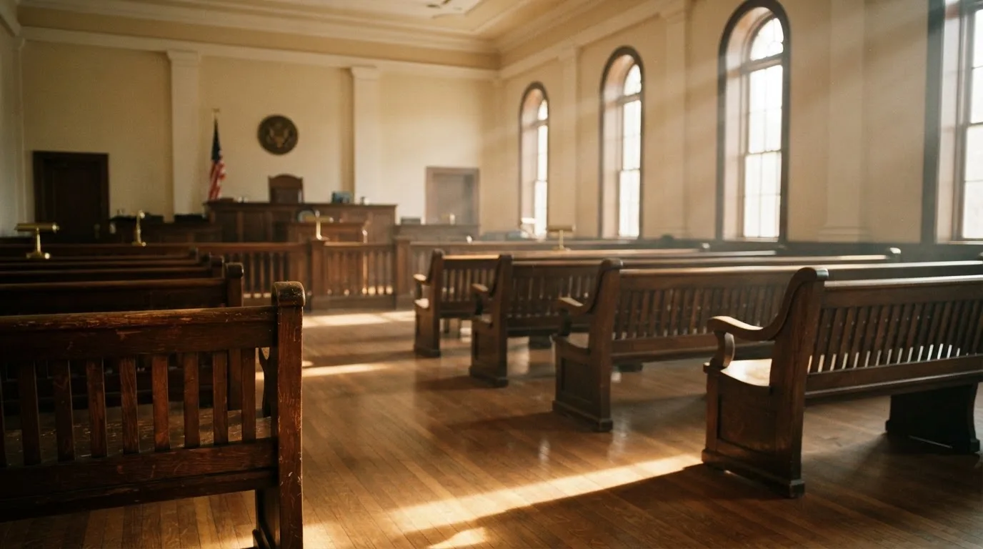 Een lege rechtszaal met houten banken in het ochtendlicht