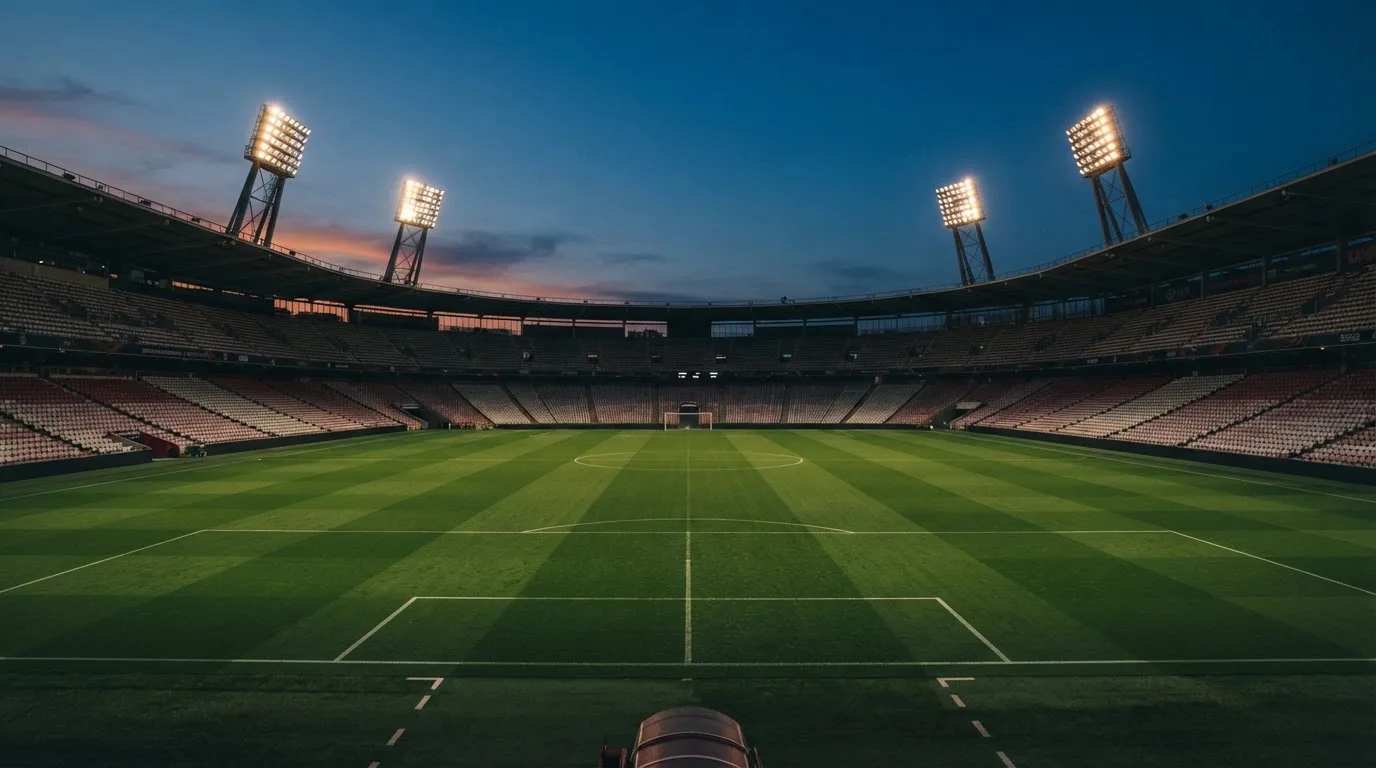 Een leeg voetbalstadion met lichtmasten bij schemering