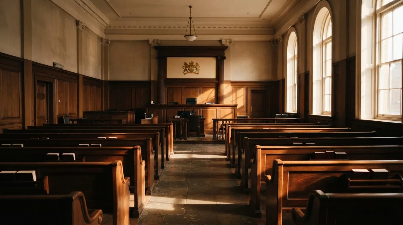Een lege rechtszaal met houten banken in het ochtendlicht