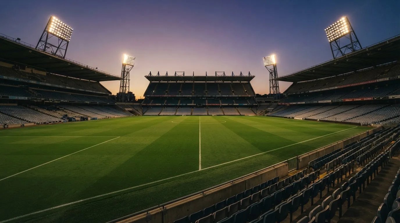 Een leeg voetbalstadion met lichtmasten bij schemering