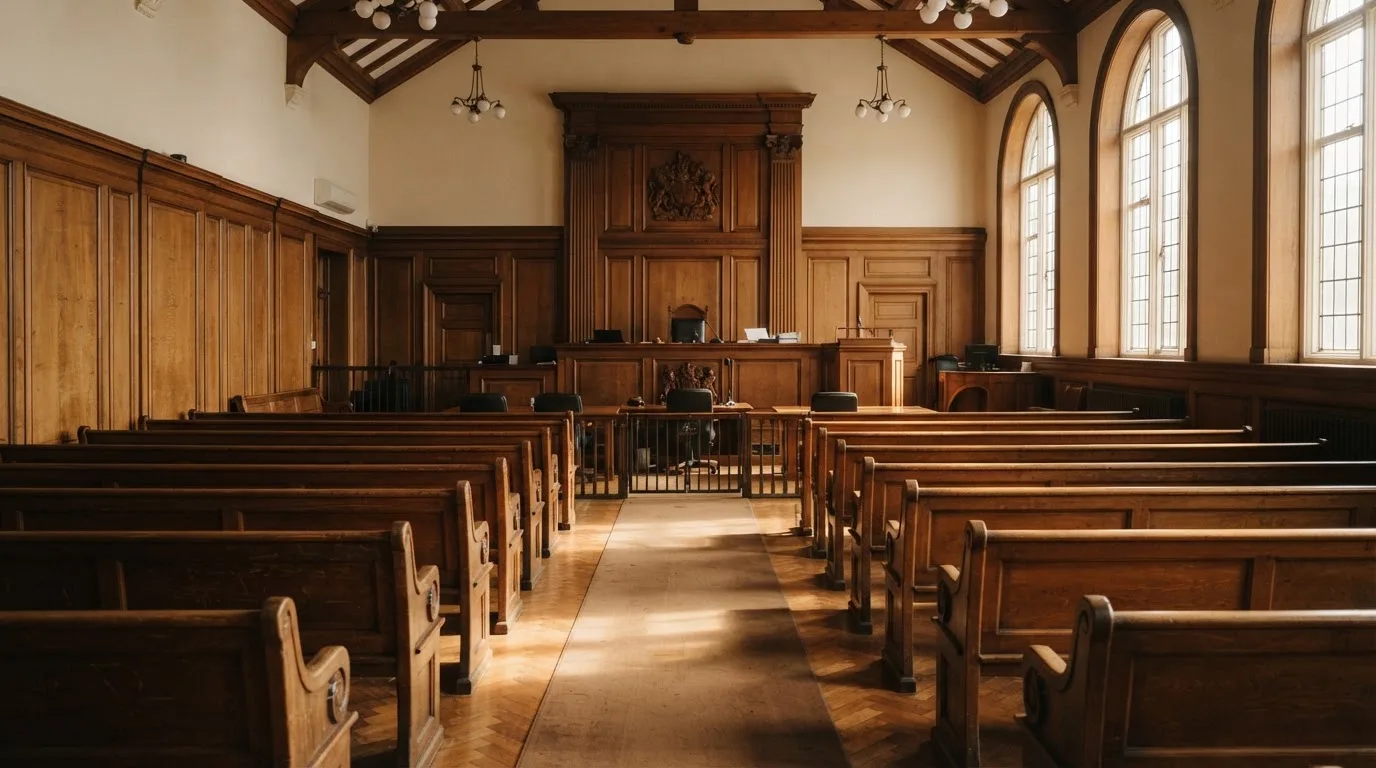 Een lege rechtszaal met houten banken in het ochtendlicht