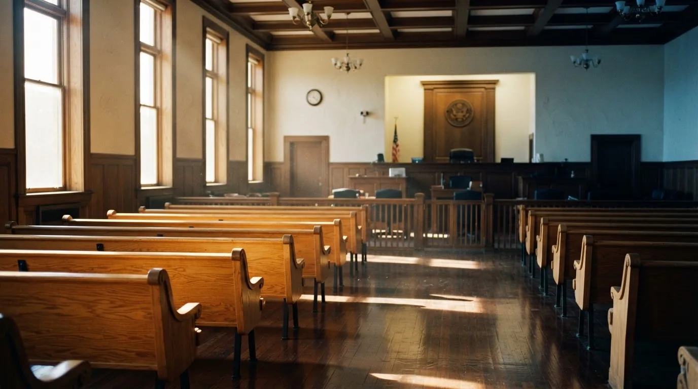 Een lege rechtszaal met houten banken in het ochtendlicht