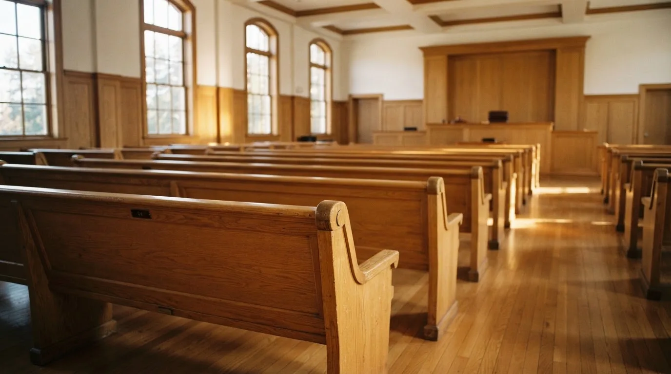 Een lege rechtszaal met houten banken in het ochtendlicht