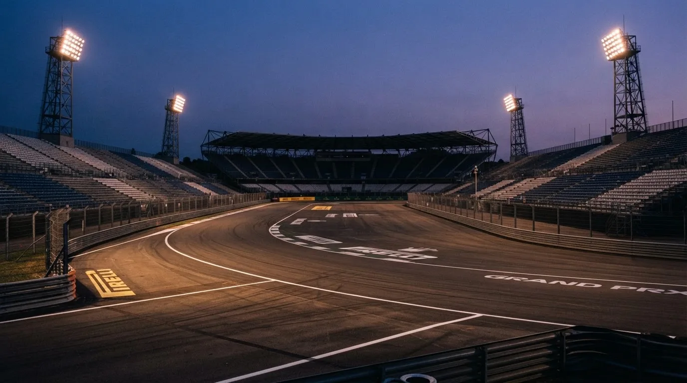 Een leeg voetbalstadion met lichtmasten bij schemering
