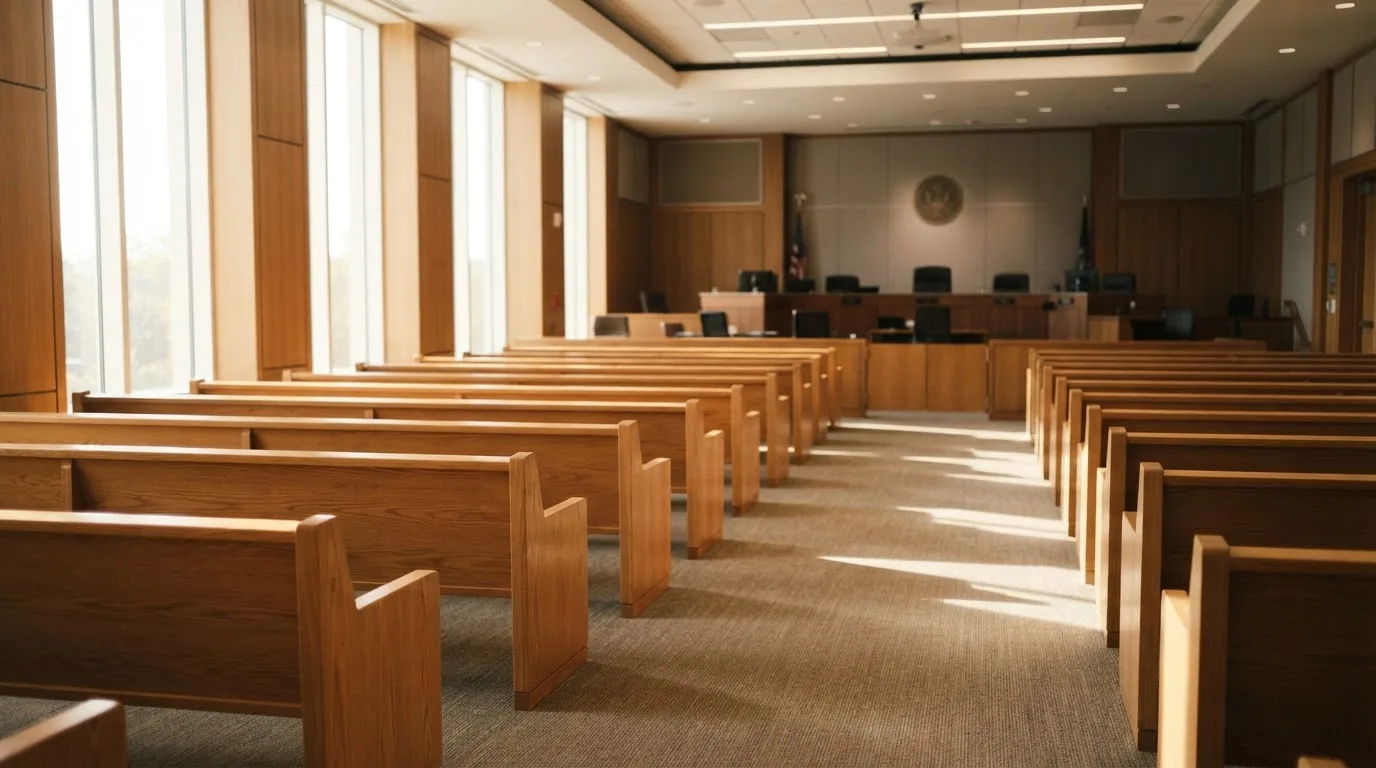 Een lege rechtszaal met houten banken in het ochtendlicht