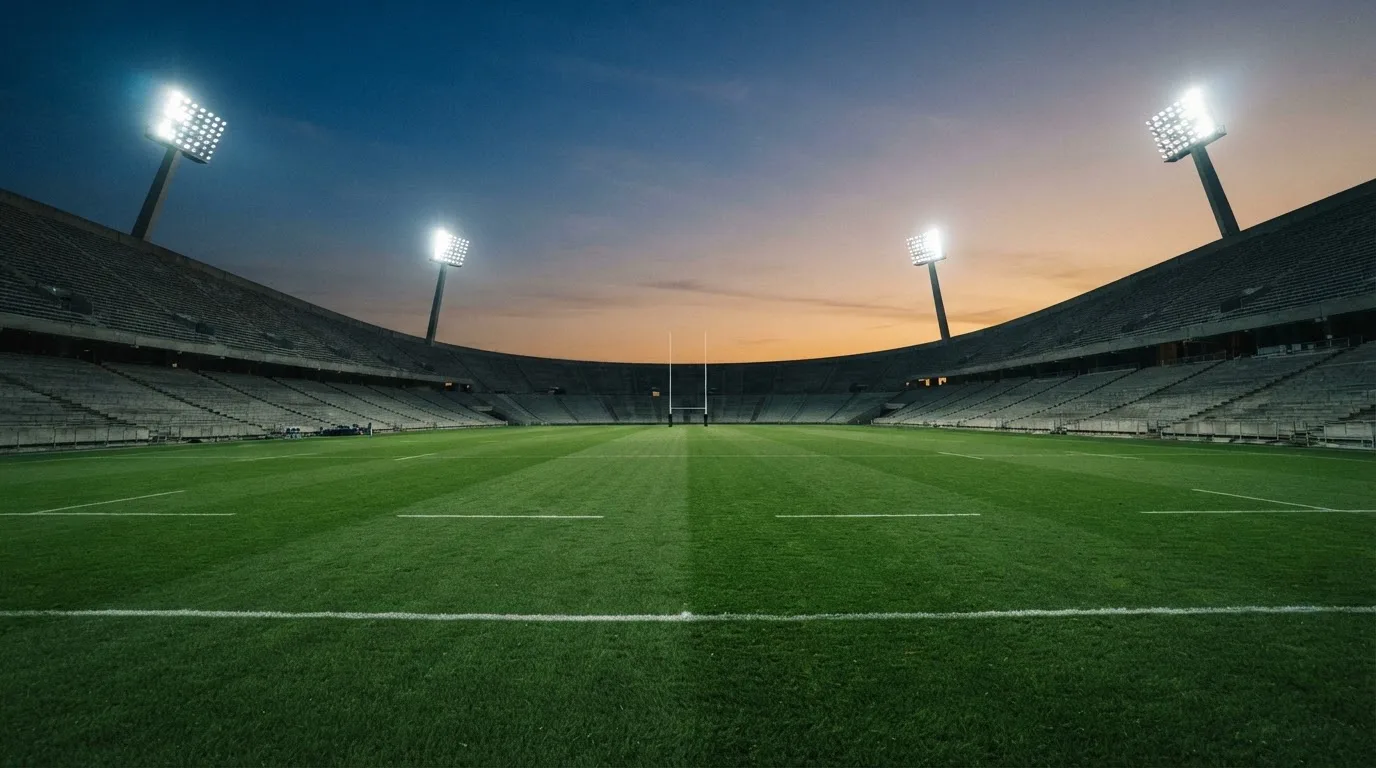 Een leeg voetbalstadion met lichtmasten bij schemering