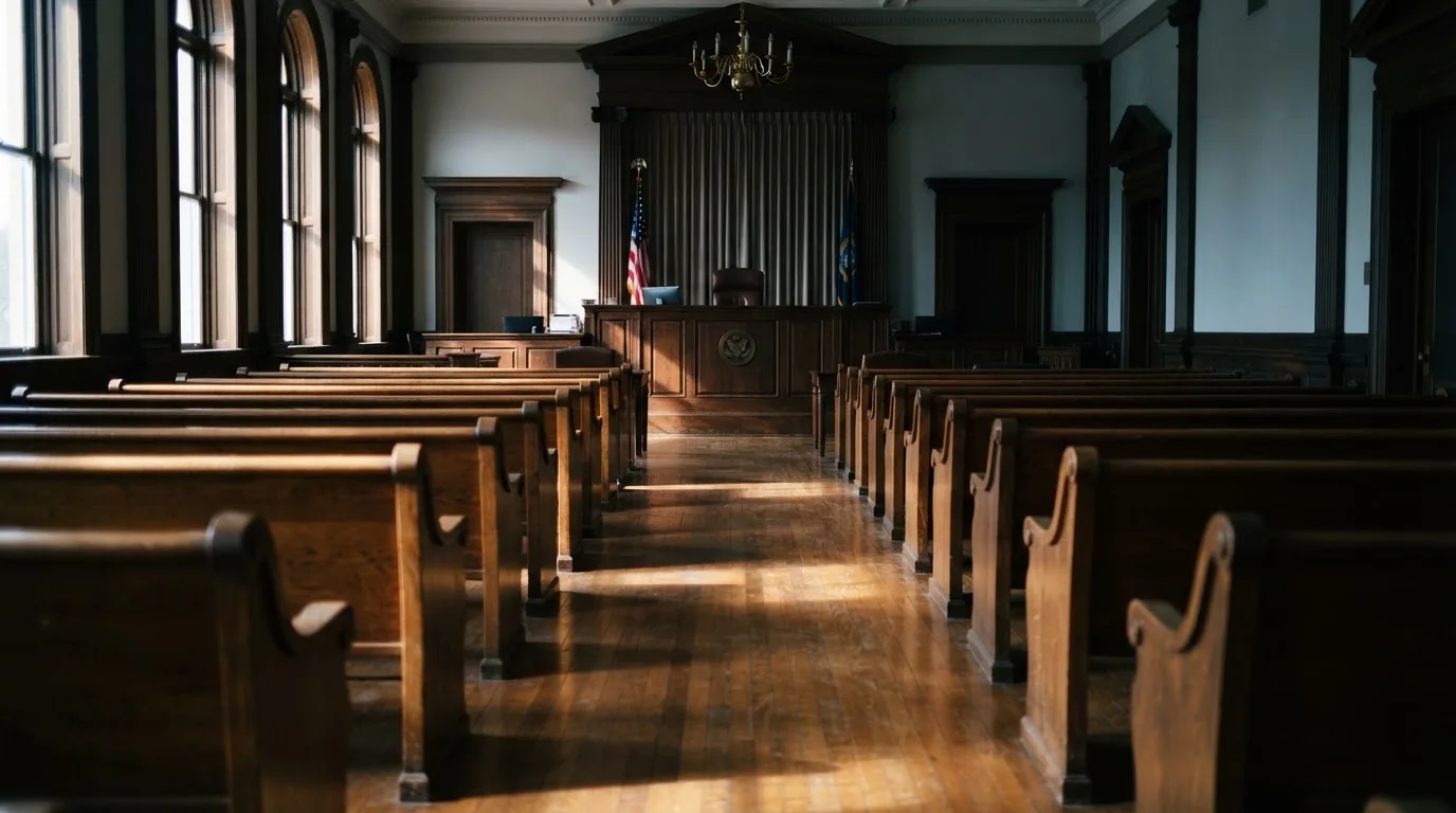 Een lege rechtszaal met houten banken in het ochtendlicht