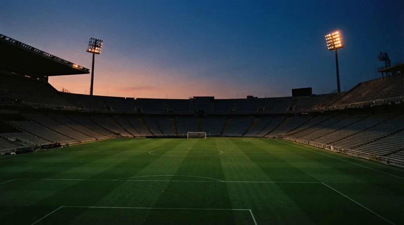 Een leeg voetbalstadion met lichtmasten bij schemering