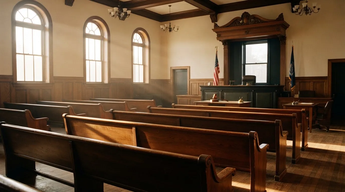 Een lege rechtszaal met houten banken in het ochtendlicht