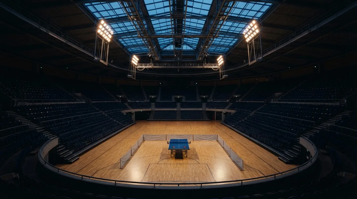 Een leeg voetbalstadion met lichtmasten bij schemering