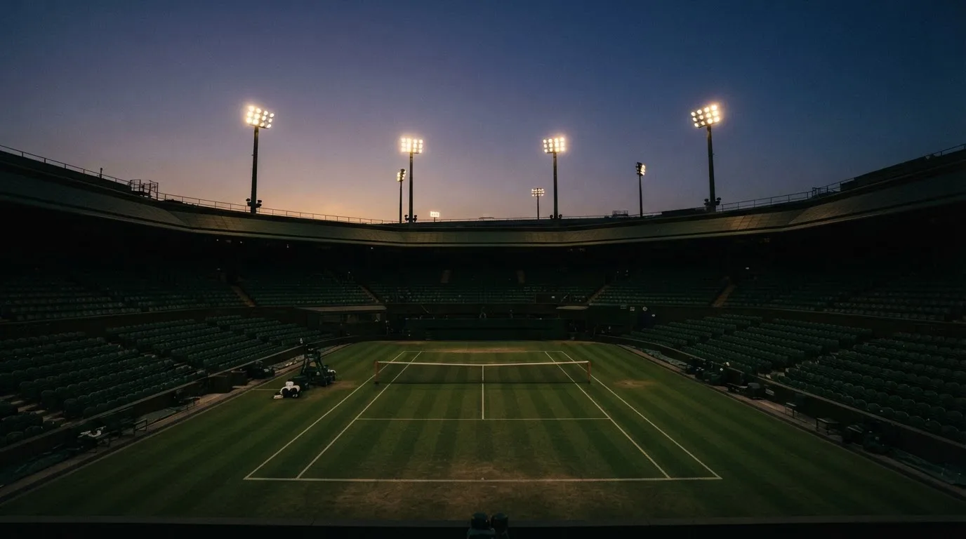 Een leeg voetbalstadion met lichtmasten bij schemering