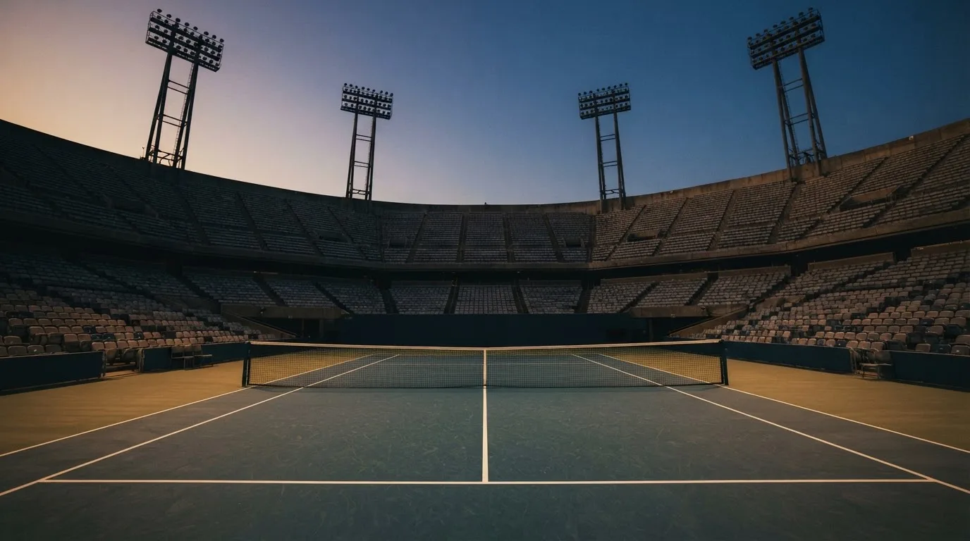 Een leeg voetbalstadion met lichtmasten bij schemering