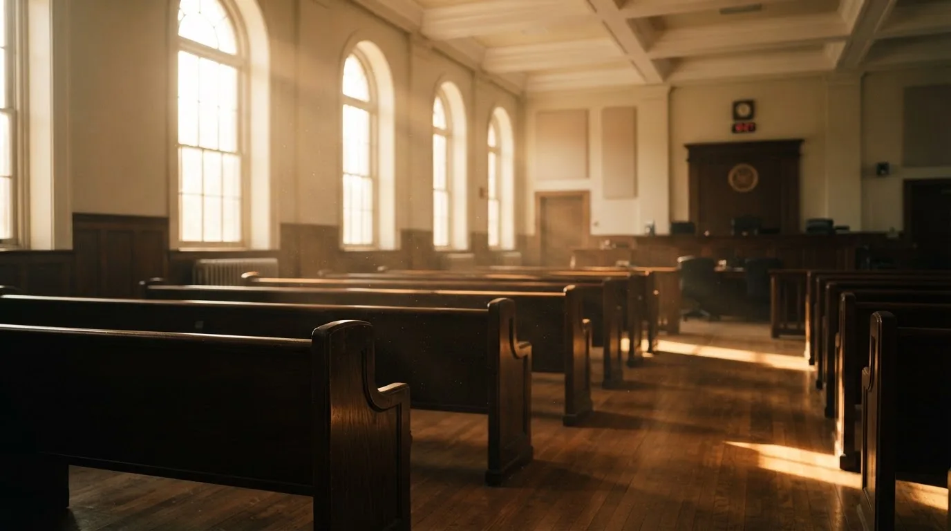 Een lege rechtszaal met houten banken in het ochtendlicht