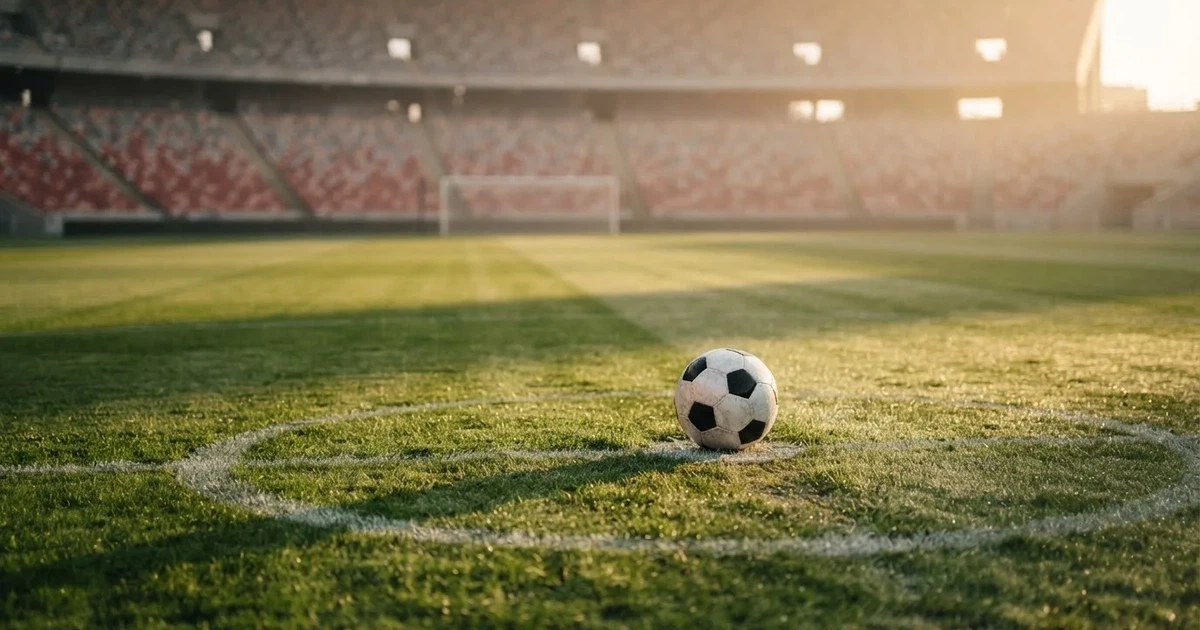 Een voetbal op de middenstip van een grasveld in het ochtendlicht