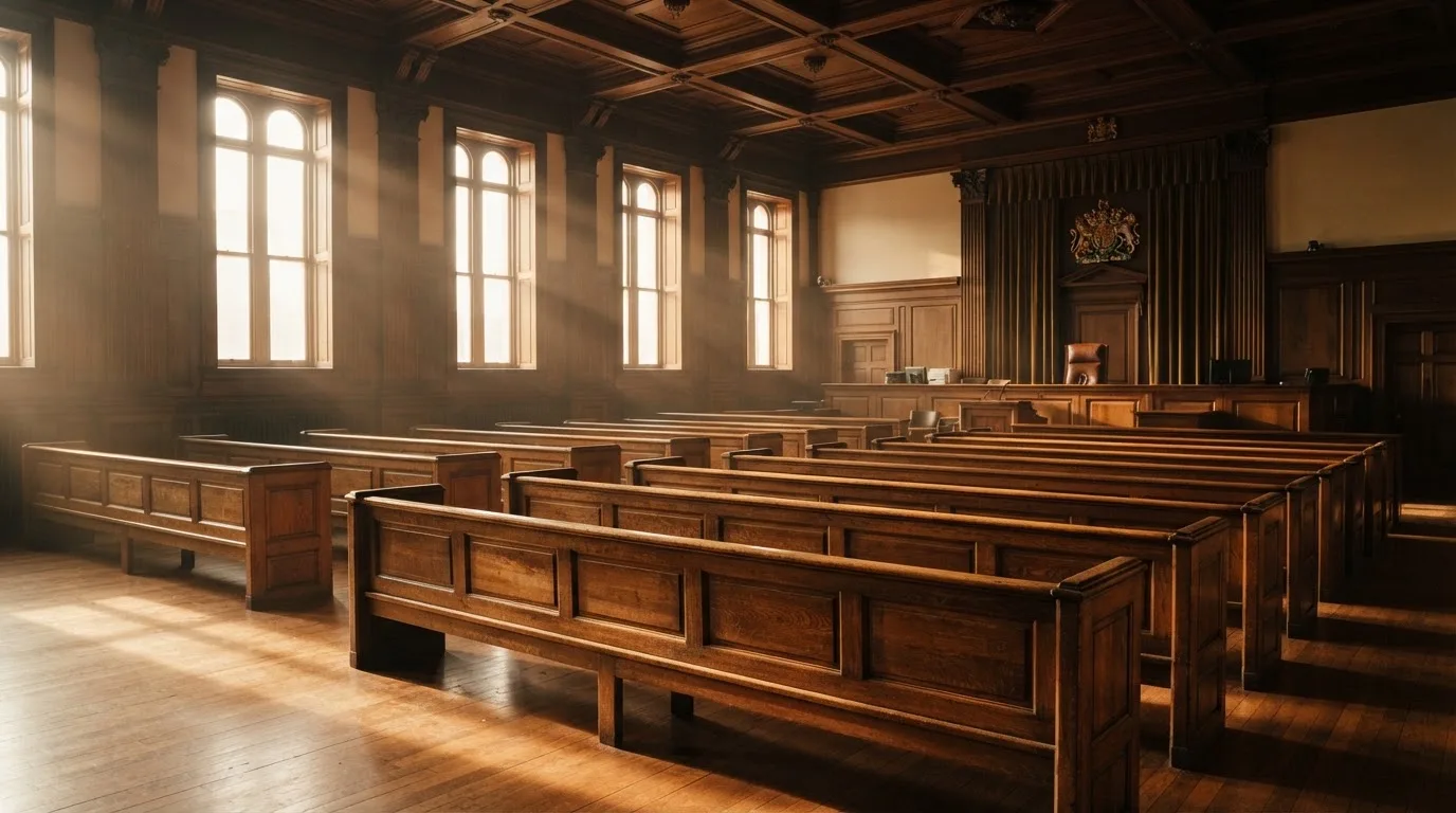 Een lege rechtszaal met houten banken in het ochtendlicht