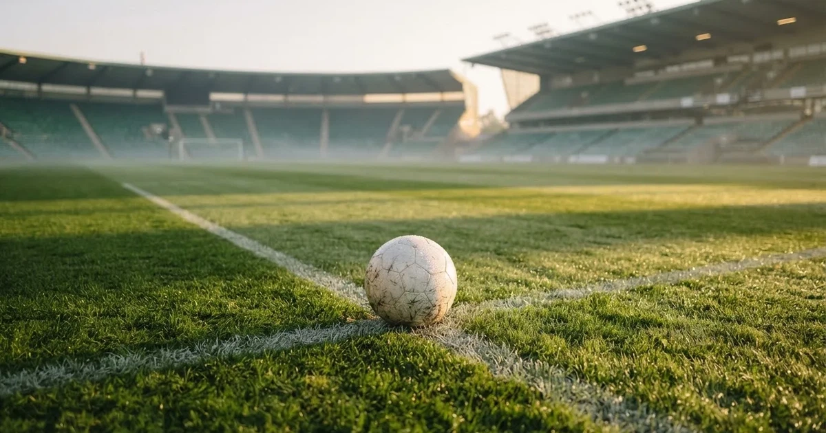 Een voetbal op de middenstip van een grasveld in het ochtendlicht