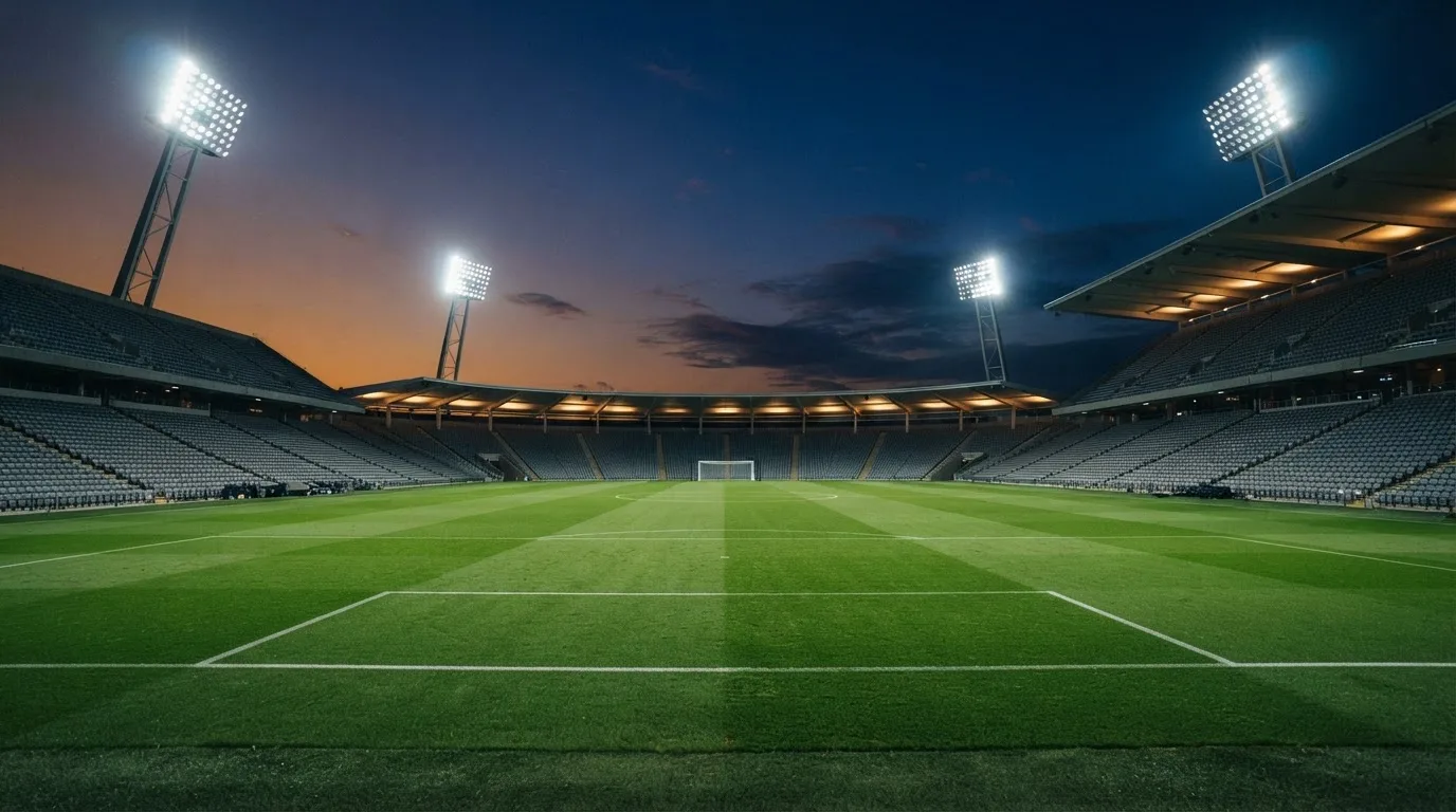 Een leeg voetbalstadion met lichtmasten bij schemering