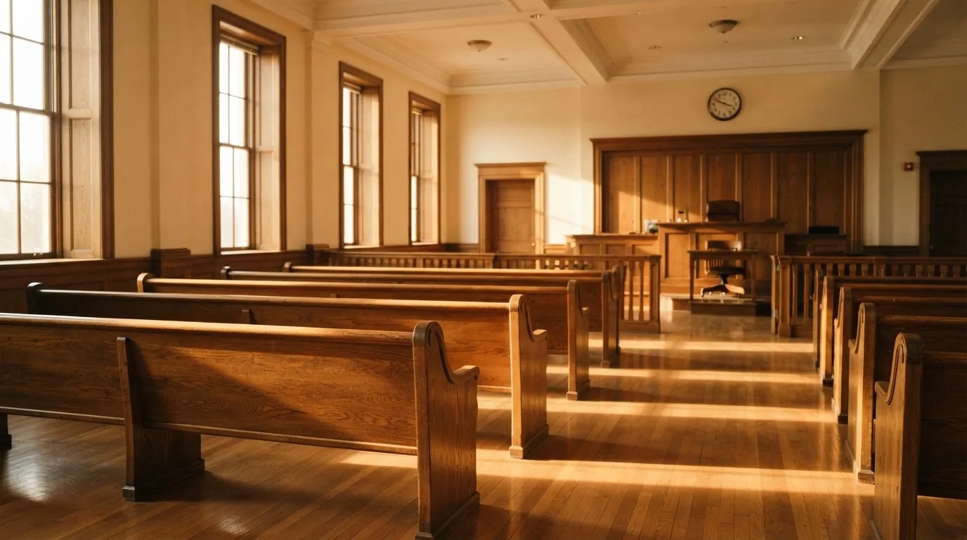 Een lege rechtszaal met houten banken in het ochtendlicht