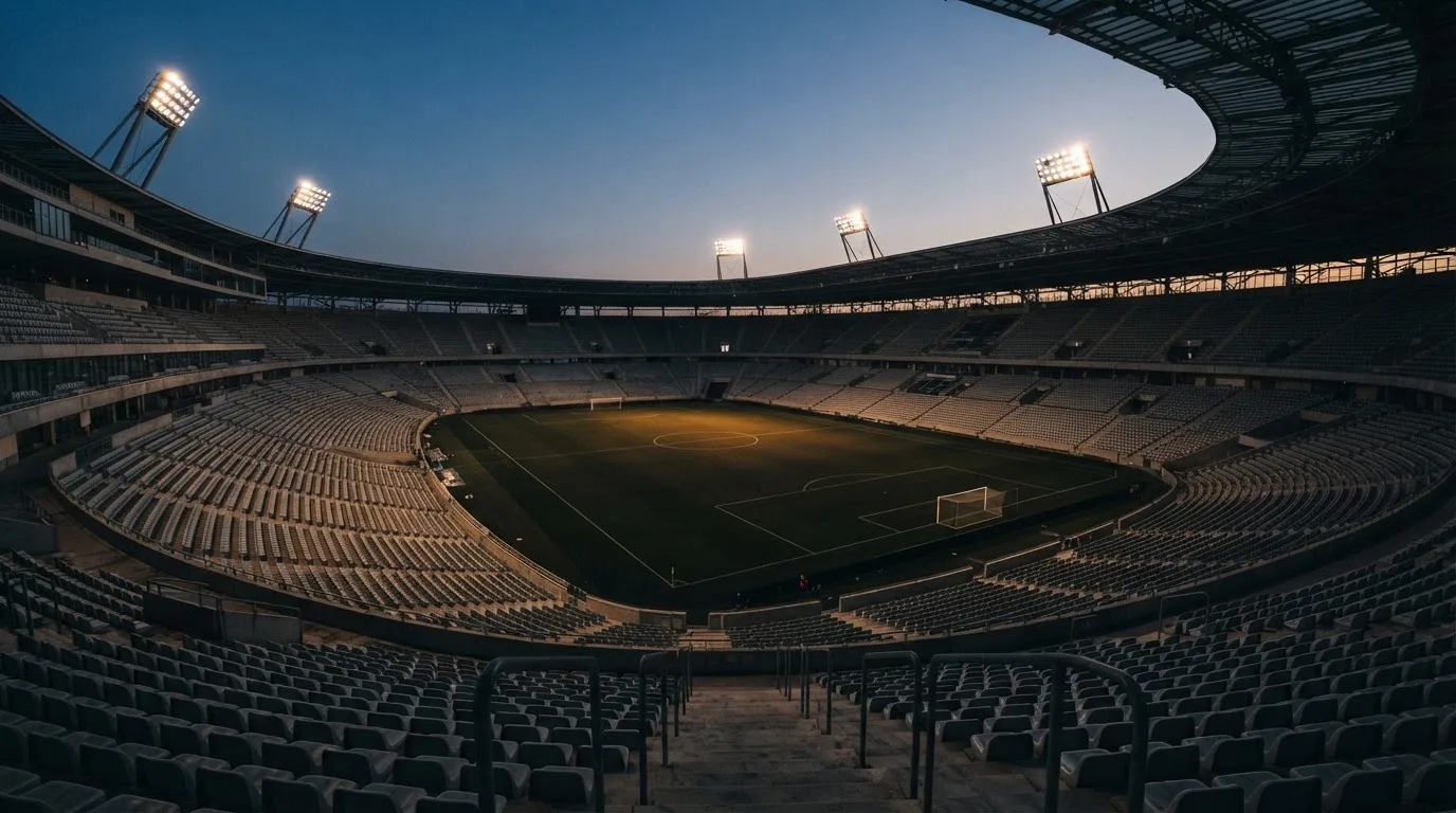 Een leeg voetbalstadion met lichtmasten bij schemering