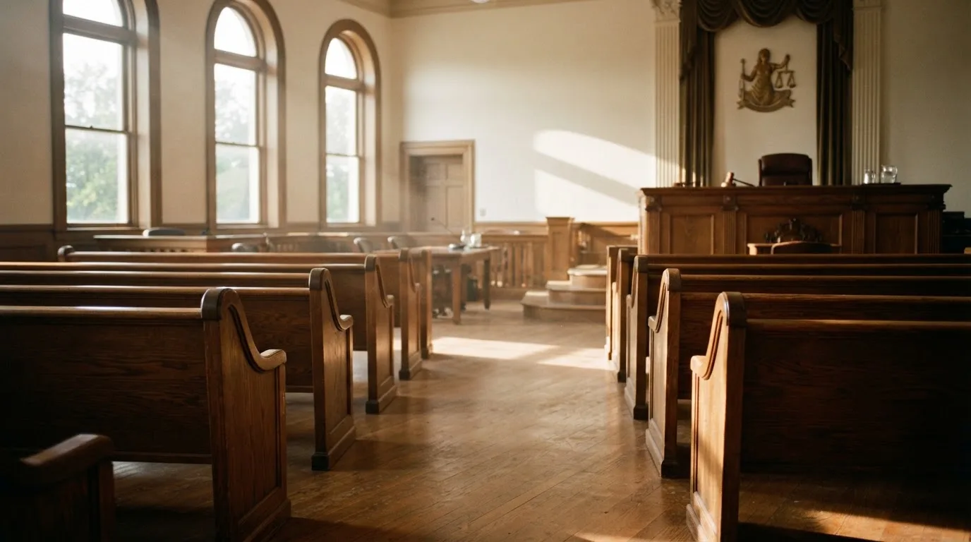 Een lege rechtszaal met houten banken in het ochtendlicht