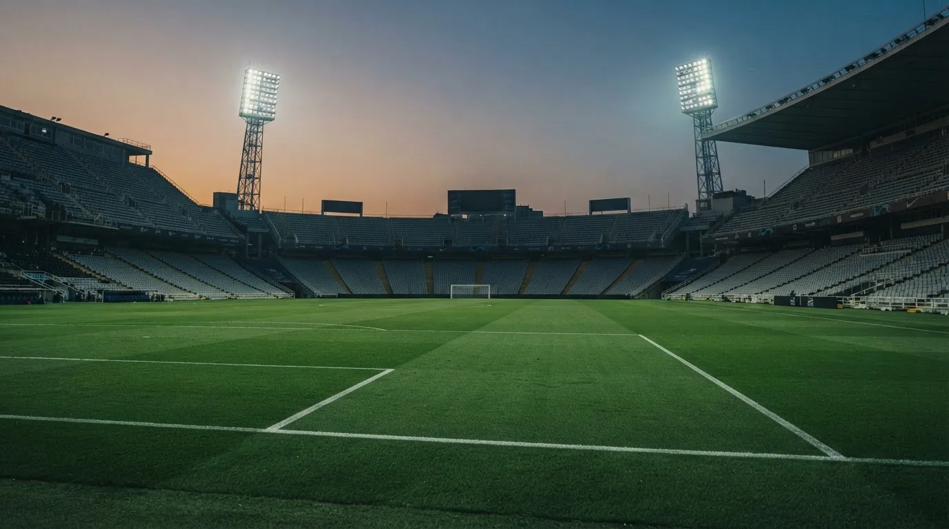 Een leeg voetbalstadion met lichtmasten bij schemering