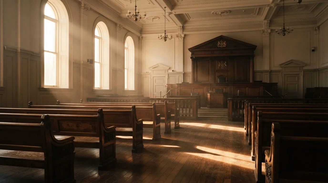 Een lege rechtszaal met houten banken in het ochtendlicht